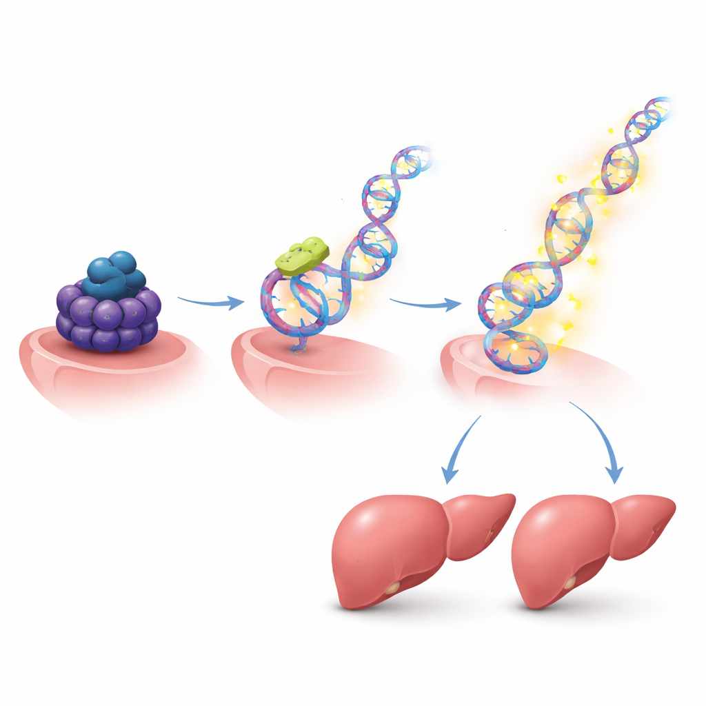 Figure 2. Blocking a chromatin enzyme frees HMGB2 to switch on many growth genes that drive liver cell division.