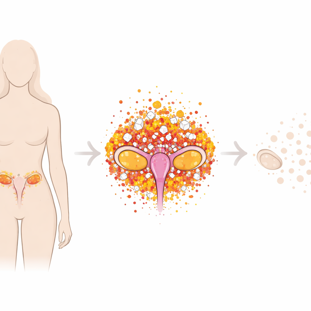 Figure 1. Hoe suikergemedieerde moleculaire stress in het lichaam de ovariumveroudering kan versnellen en de vruchtbaarheid in de loop van de tijd kan verminderen.