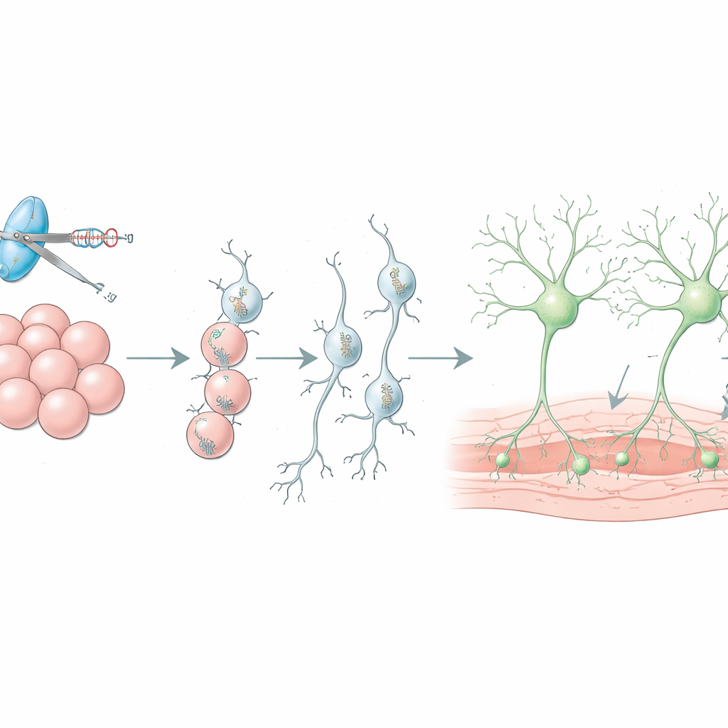 Figure 2. How gene-edited stem cells are guided step by step into hardy dopamine neurons that survive and connect in the brain.