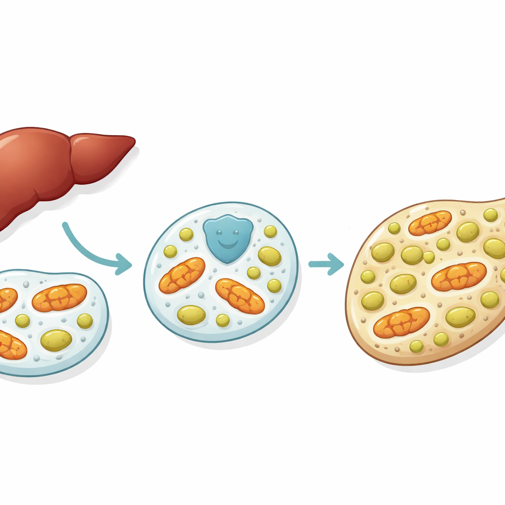 Figure 1. How a guardian protein in liver cells balances fat processing compartments and mitochondria to slow fatty liver disease.