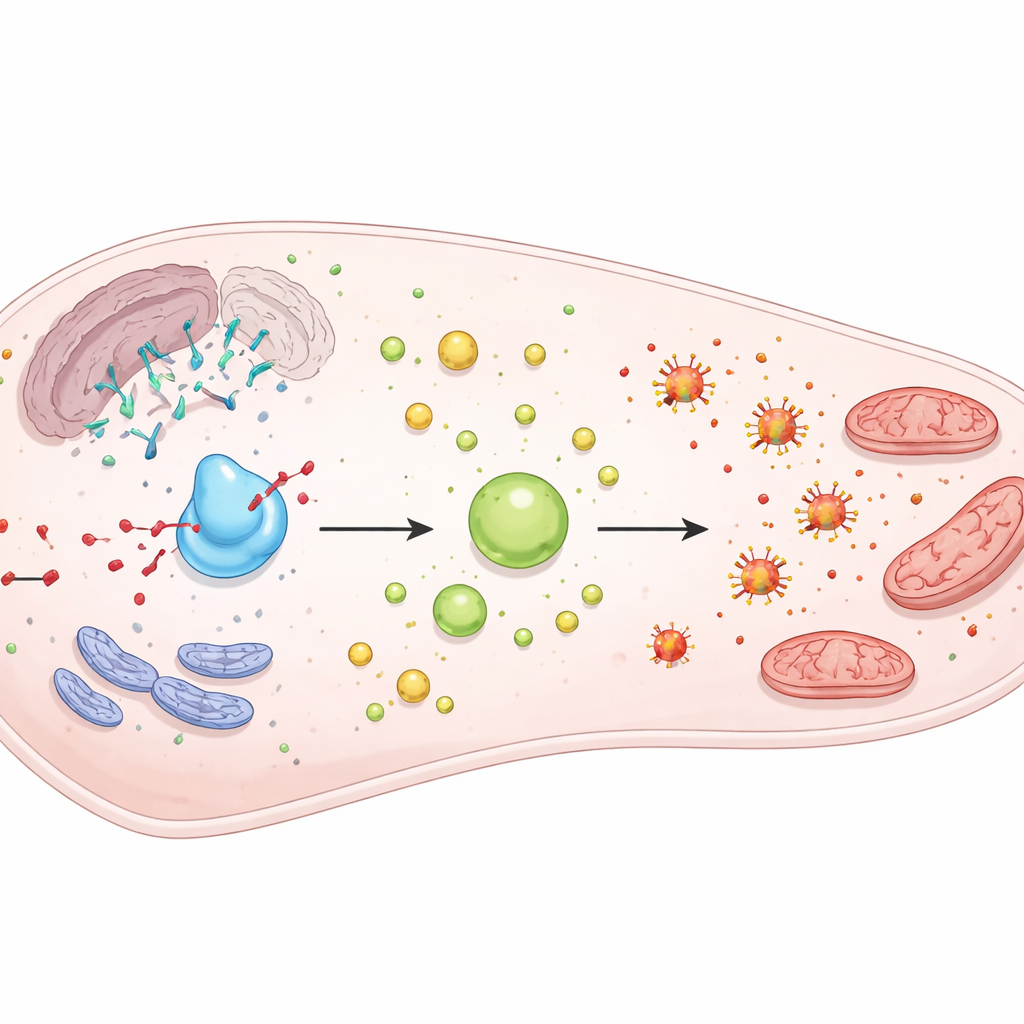 Figure 2. Inside a liver cell, loss of a guardian protein unleashes enzyme activity, boosts oxidative stress and harms mitochondria.