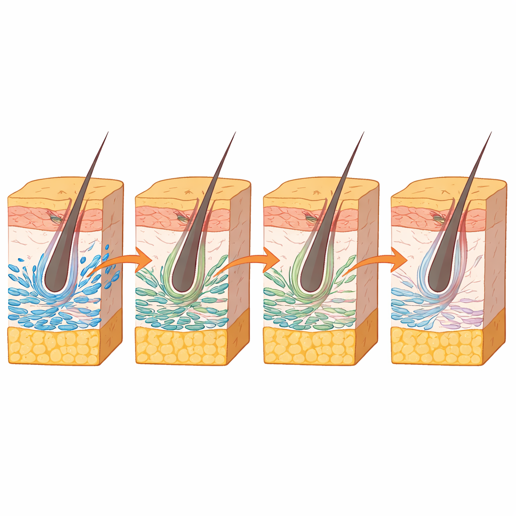 Figure 2. Hoe bovenste huidfibroblasten transformeren tot kleine spieren die aan haarzakjes hechten