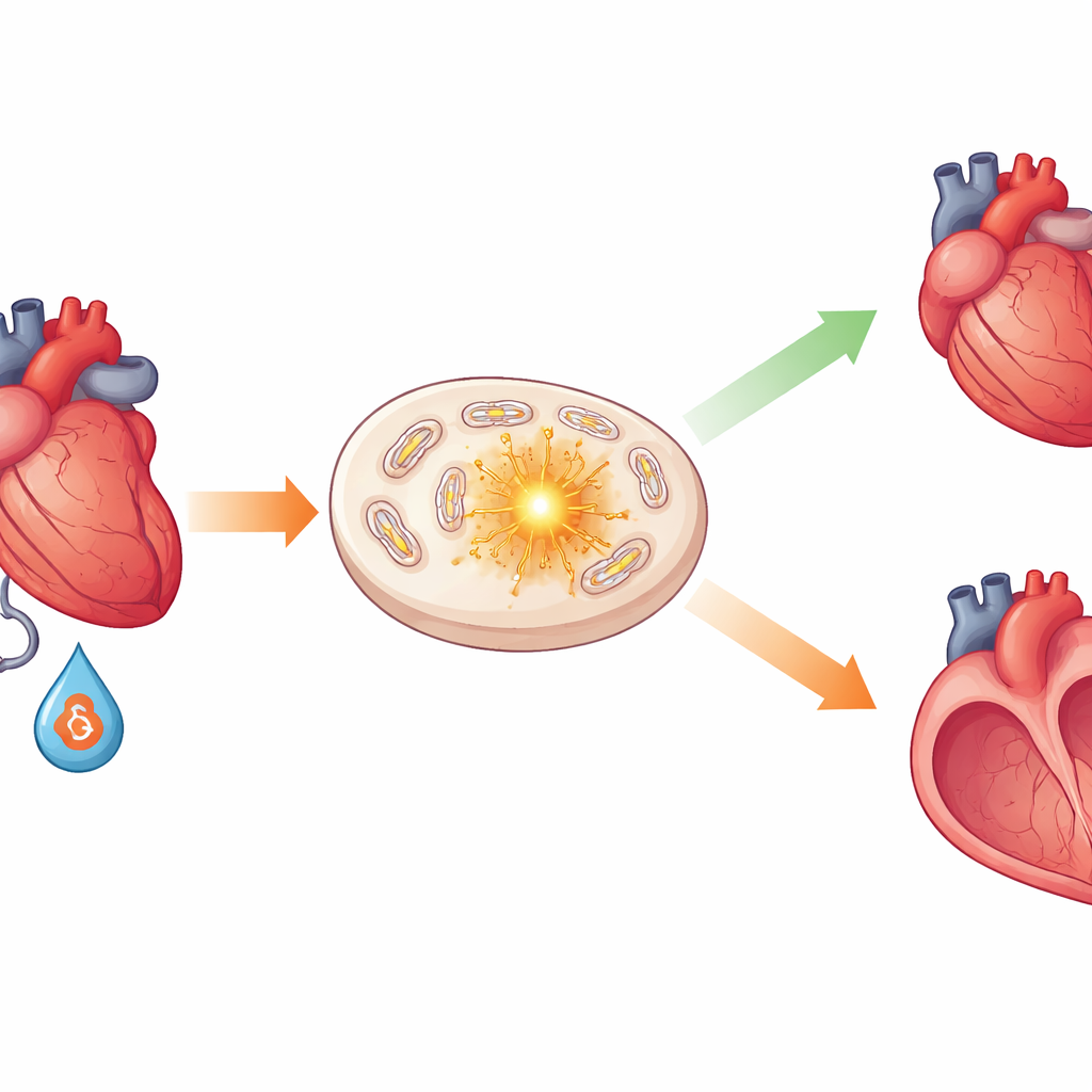 Figure 1. How an internal protective switch in heart cells guides stressed hearts toward healthy or harmful remodeling.