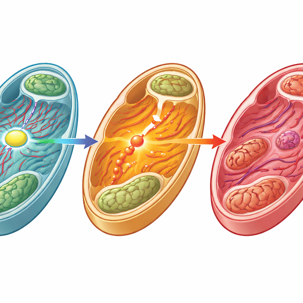 Figure 2. How a cell enzyme’s signaling chain keeps heart cell powerhouses intact under stress versus when that protection is lost.