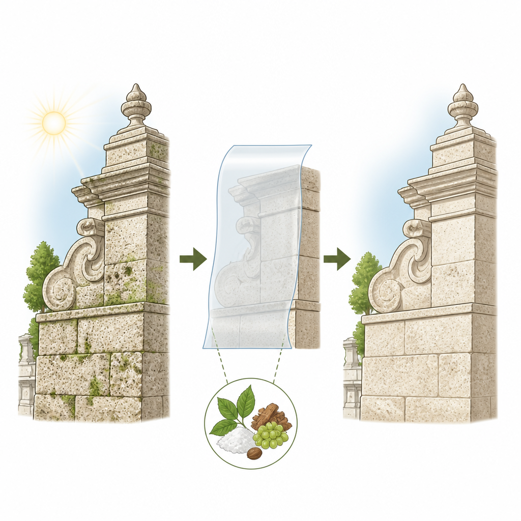 Figure 1. Abnehmbare natürliche Folien helfen, historische Kalksteinbauten vor mikrobiellen Schäden zu schützen.