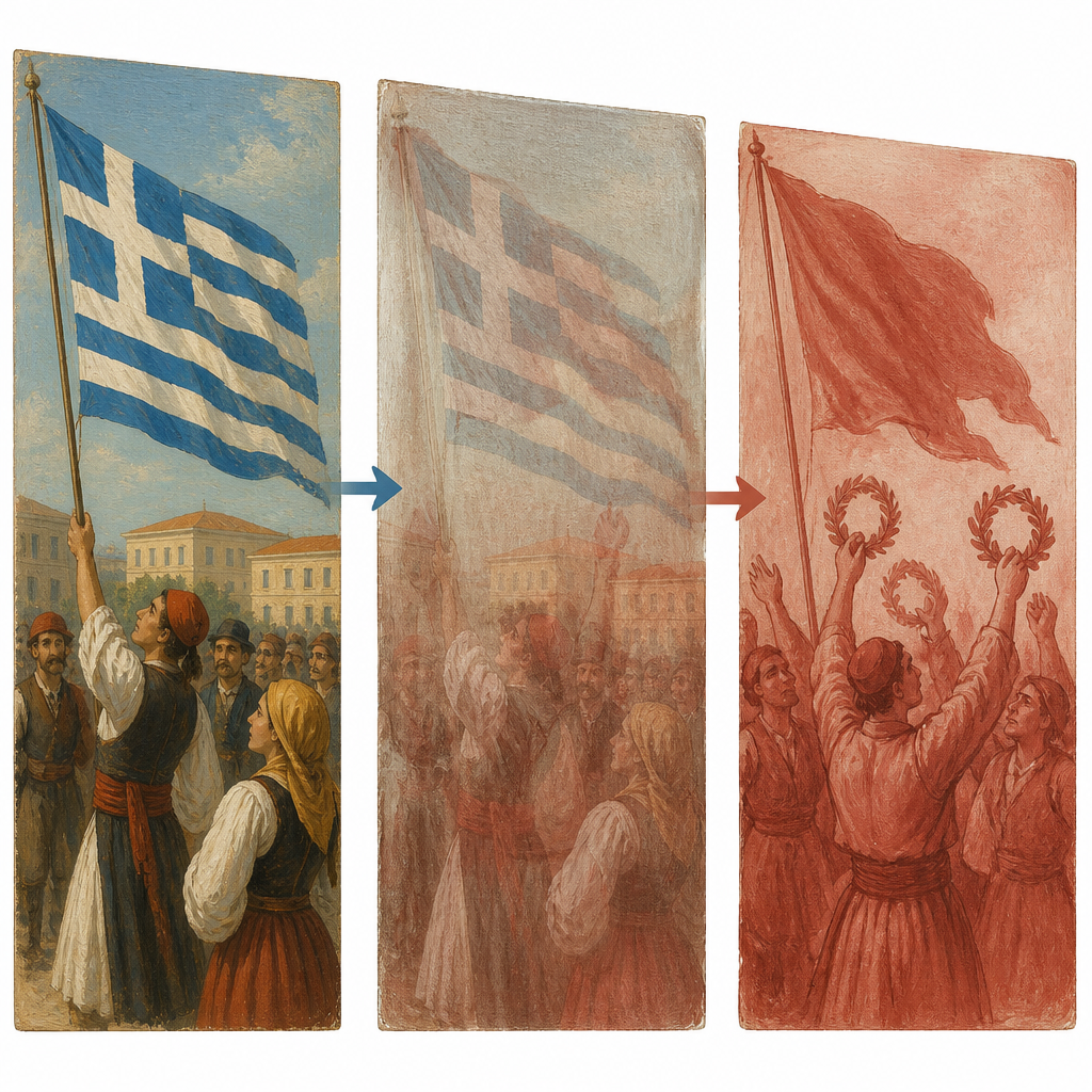 Figure 2. Schrittweises Freilegen einer vergrabenen roten Flagge und von Figuren, die unter einer späteren Übermalung verborgen waren.