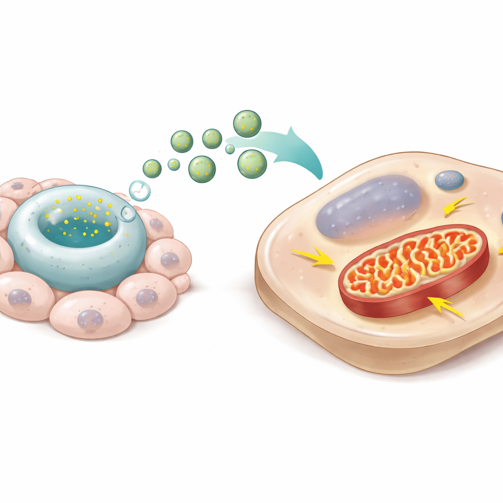 Figure 2. Kleine vesicles leveren mitochondriale componenten aan ligamentcellen, wat de schone energieproductie en weefselopbouw stimuleert.