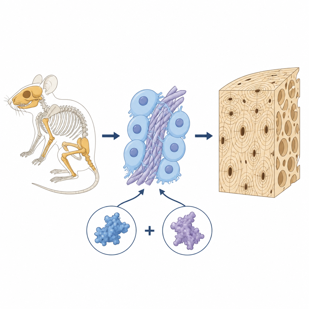 Figure 1. Cómo una proteína ayudante en las células formadoras de hueso impulsa la formación de hueso denso y cargado de minerales en todo el esqueleto.