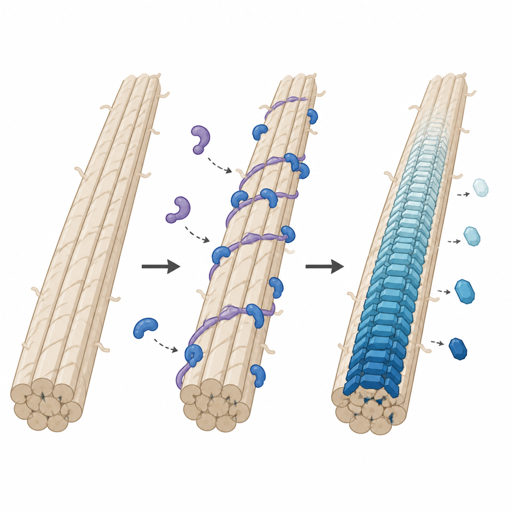 Figure 2. Cómo una proteína ayudante y una proteína ósea guían los minerales dentro de las fibras de colágeno para formar hueso denso y bien organizado.