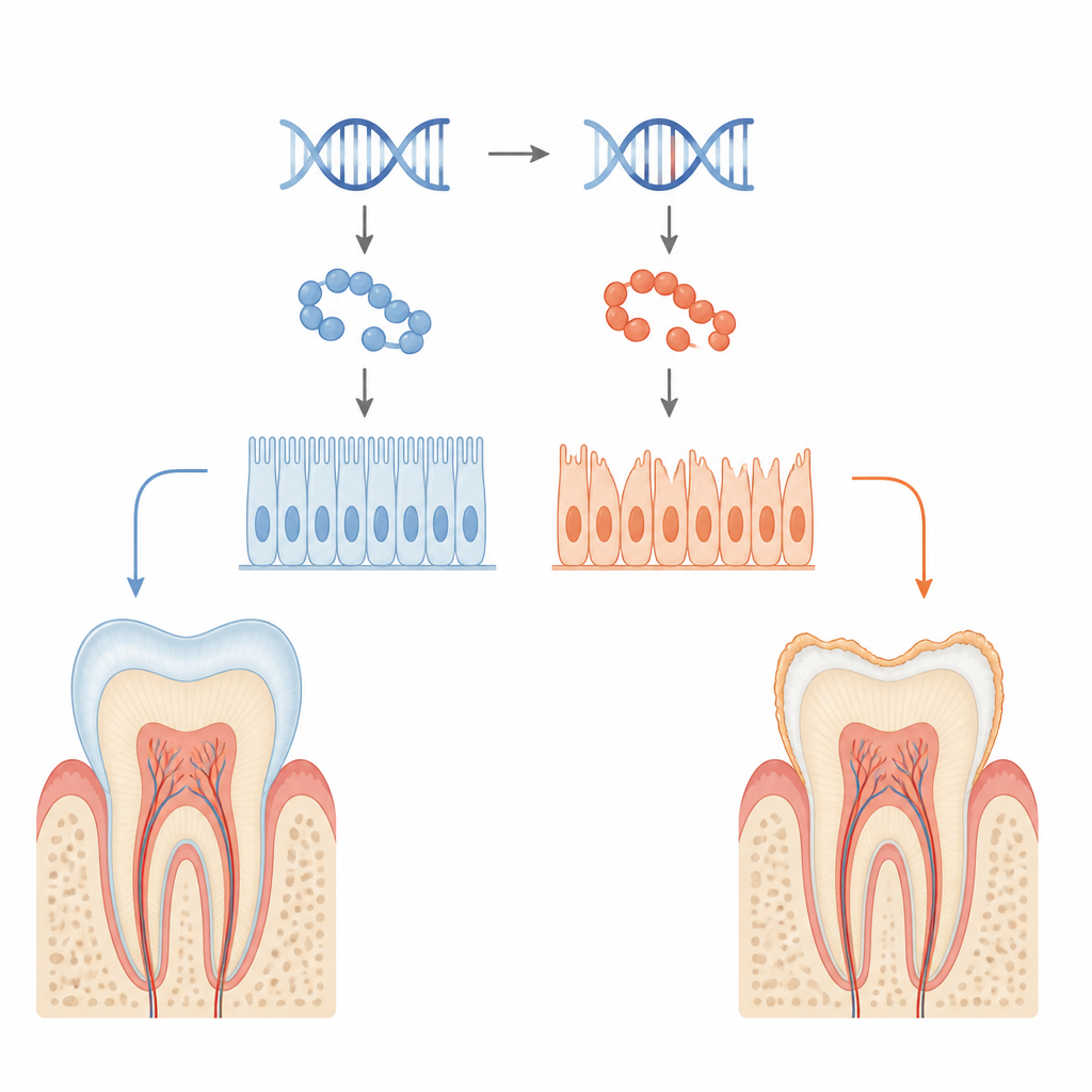 Figure 1. Come una piccola modifica in una proteina dentale fa sì che le cellule che costruiscono lo smalto producano uno strato debole e sottile invece di una barriera esterna robusta