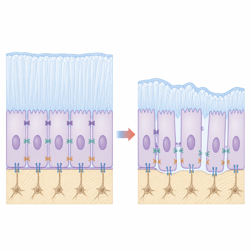 Figure 2. Come legami indeboliti tra le cellule che formano lo smalto sconvolgono i segnali di crescita e la costruzione passo dopo passo dello smalto, producendo superfici difettose