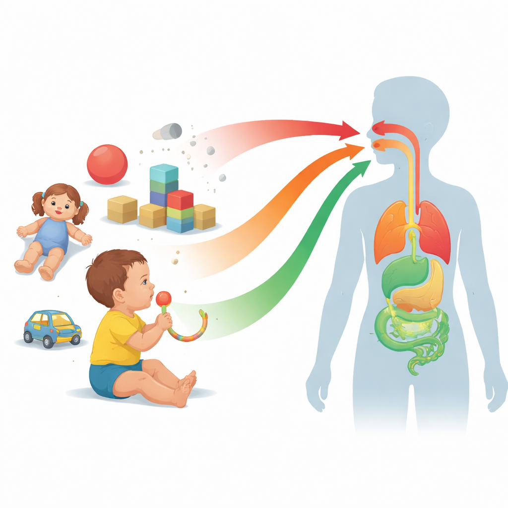 Figure 1. Hoe alledaags speelgoed kleine hoeveelheden BPA en vervangende chemicaliën aan kinderen kan doorgeven tijdens normaal spel