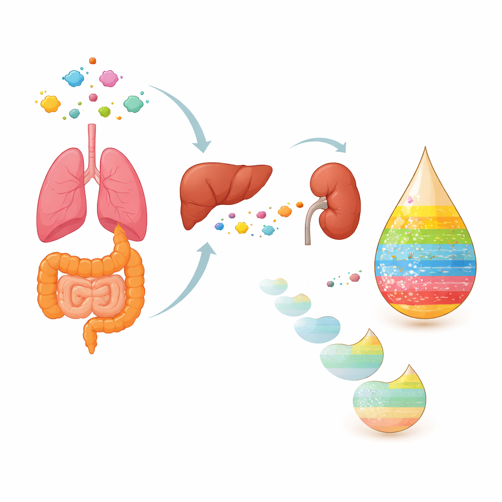 Figure 2. Hoe ingeademde en ingenomen verontreinigingen door organen worden verwerkt en als veranderende chemische vingerafdrukken via de urine het lichaam verlaten.