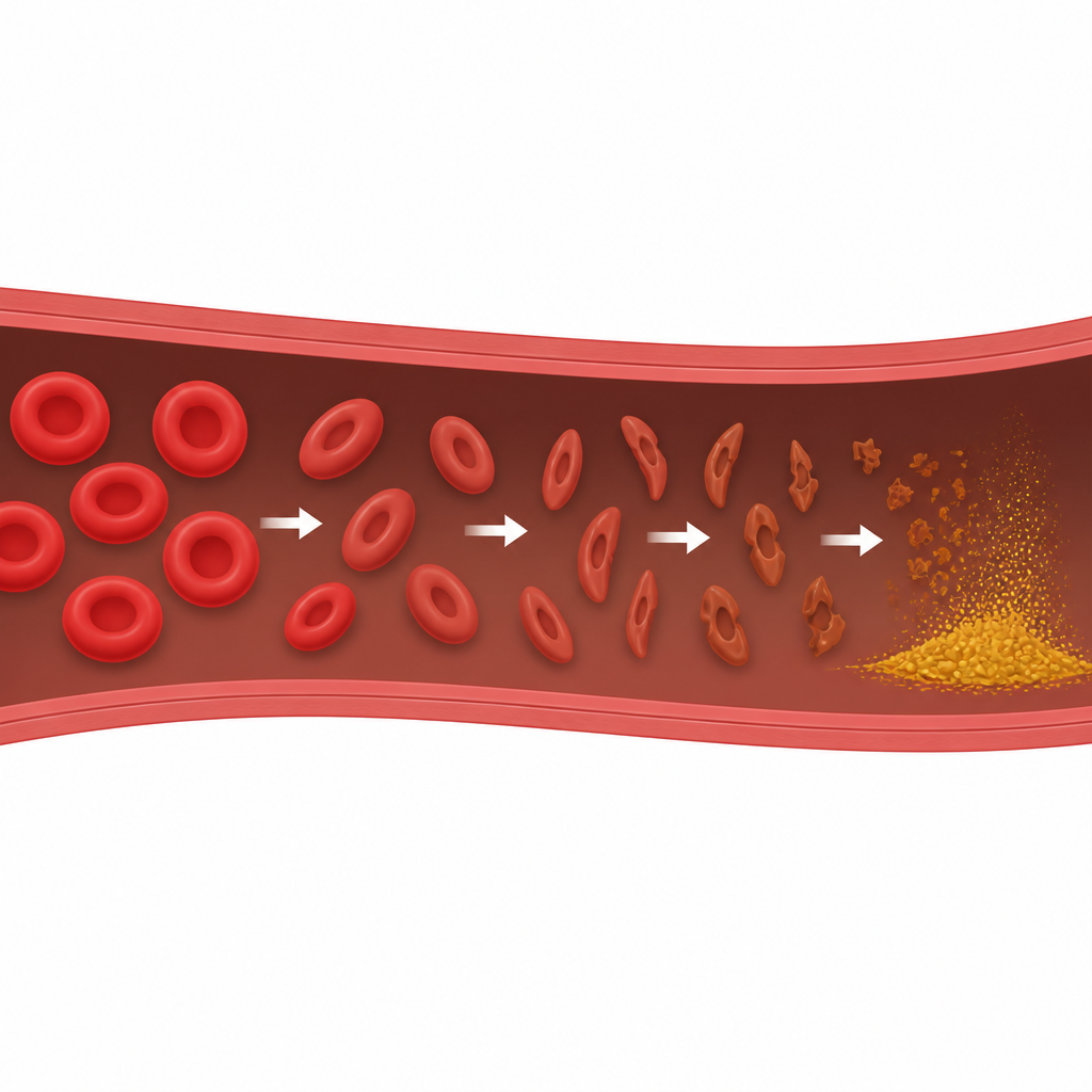 Figure 2. Schritt-für-Schritt-Betrachtung, wie fragile ovale Erythrozyten zerfallen und Pigmente freisetzen, die bei Neugeborenen zur Gelbsucht führen.