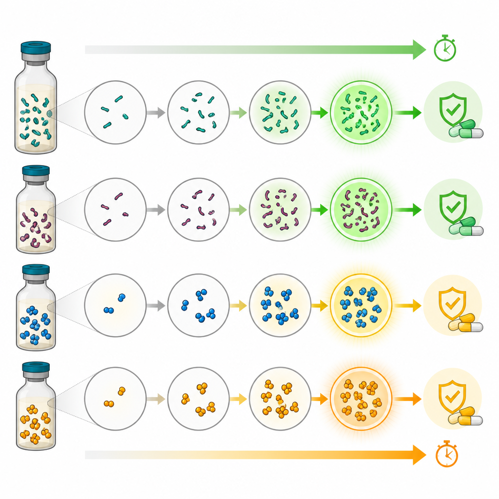 Figure 2. Cómo distintas bacterias en muestras sanguíneas neonatales aparecen a velocidades diferentes, lo que afecta cuándo se pueden reducir o suspender los antibióticos.
