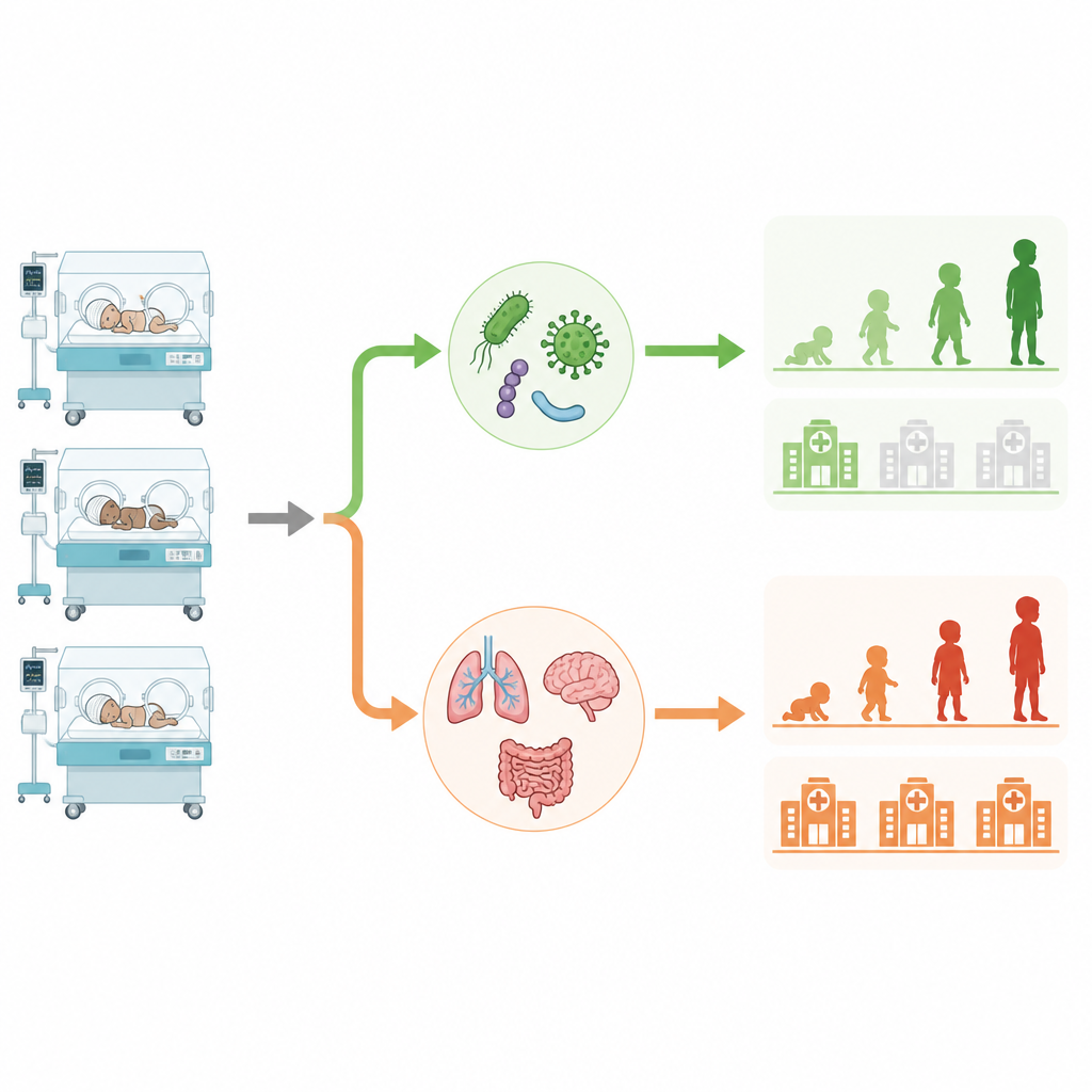 Figure 2. Vergleich von Krankenhausinfektionen mit Hirn-, Lungen- und Darmproblemen hinsichtlich der Entwicklung von Kleinkindern nach Frühgeburt