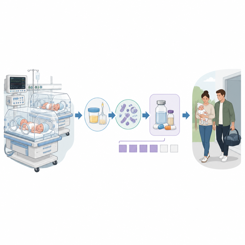 Figure 1. Jak zespoły NICU wykorzystują staranne testy i krótkie kursy antybiotyków do leczenia zakażeń dróg moczowych u wrażliwych noworodków.