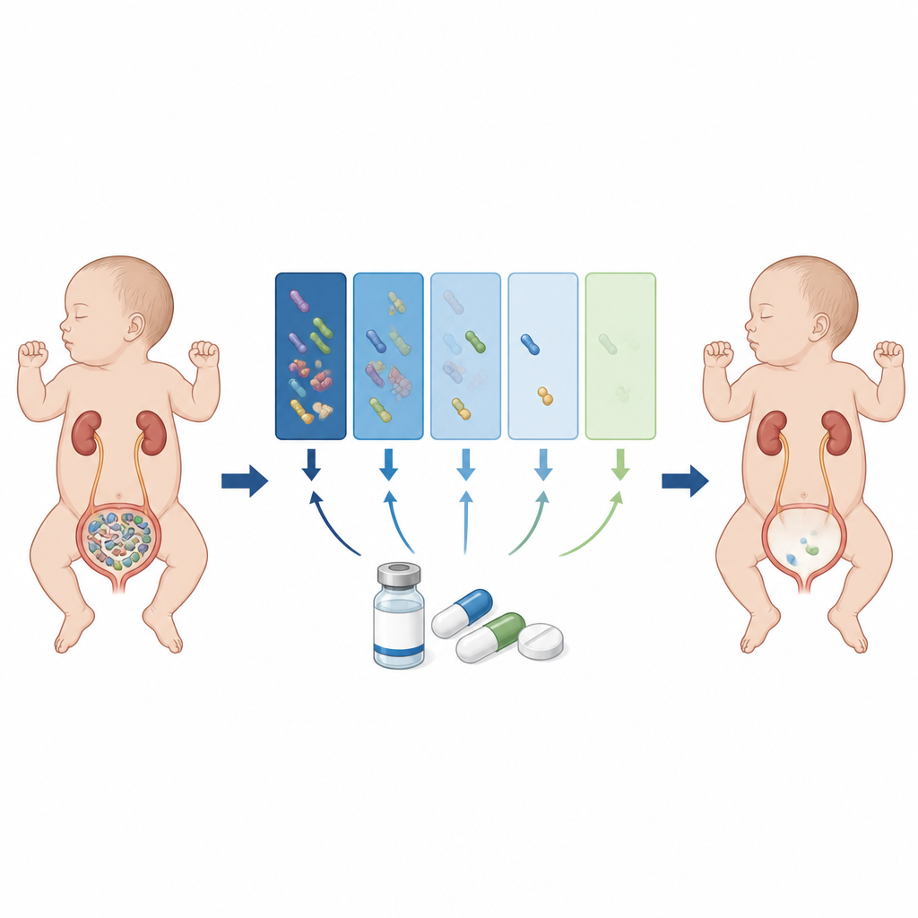 Figure 2. Krótkie leczenie antybiotykami zwalczające zakażenie dróg moczowych u noworodka przy jednoczesnym ograniczeniu ekspozycji na leki i ochronie nerek.