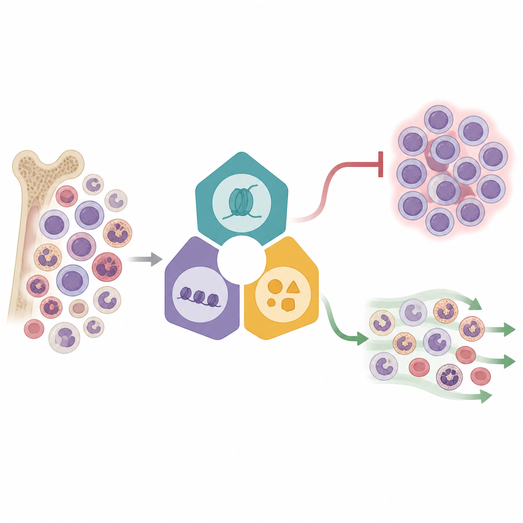 Figure 1. Hoe een gedeelde epigenetische hub in leukemie bepaalt of onrijpe bloedcellen vast blijven zitten of hun pad naar gezonde cellen voltooien