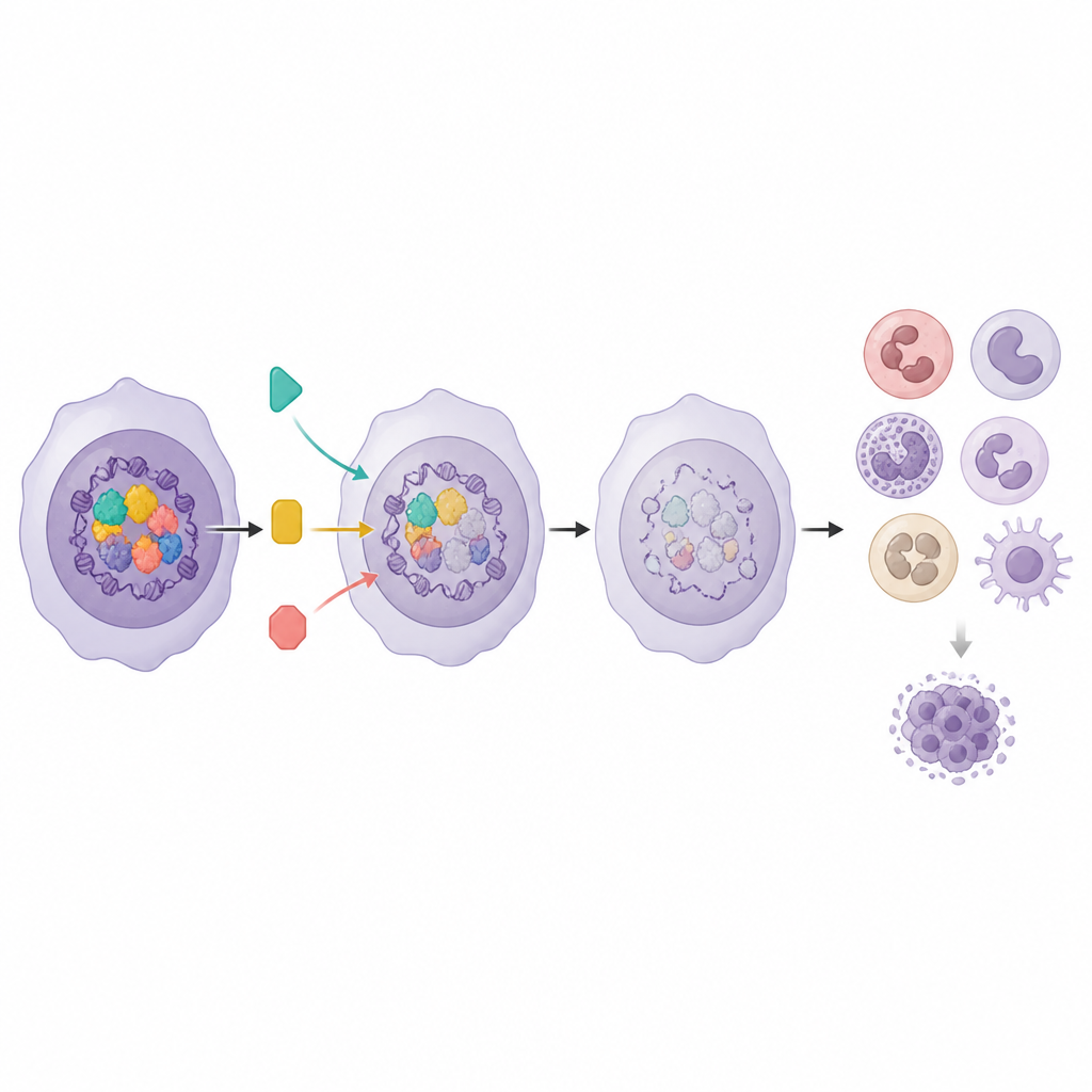 Figure 2. Hoe combinatietherapieën meerdere onderdelen van het regelende hub van leukemie treffen om rijpingsgenen aan te zetten en kwaadaardige celpopulaties te verkleinen