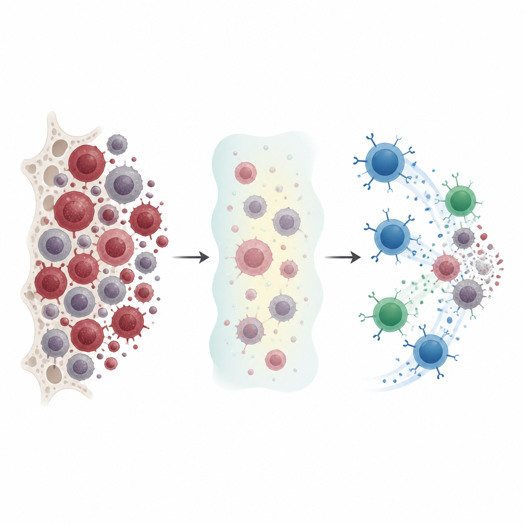 Figure 1. Drugs first expose leukemia cell targets, then off-the-shelf engineered immune cells arrive to clear the cancer.