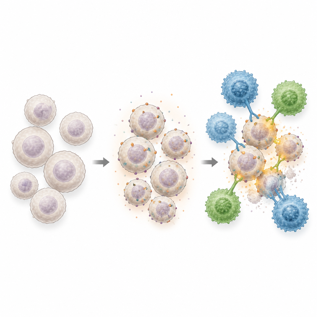 Figure 2. Drug-treated leukemia cells gain colorful surface targets that invite precise attack by engineered immune cells.