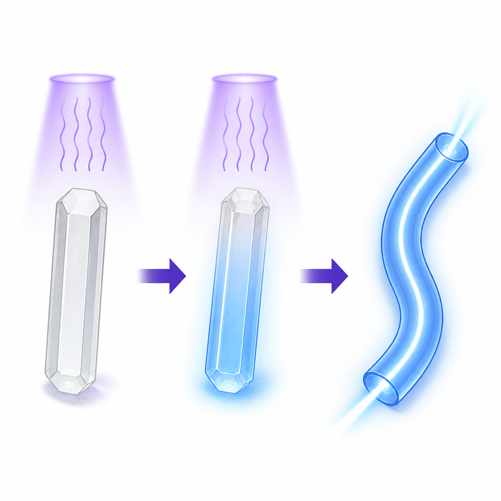 Figure 1. UV light turns rigid organic crystals into bright, flexible blue light pipes.