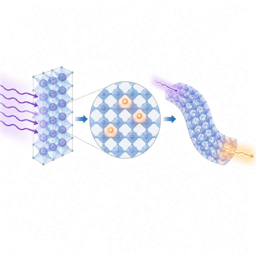 Figure 2. UV creates glowing radical spots trapped in a bendable crystal lattice that guide light.