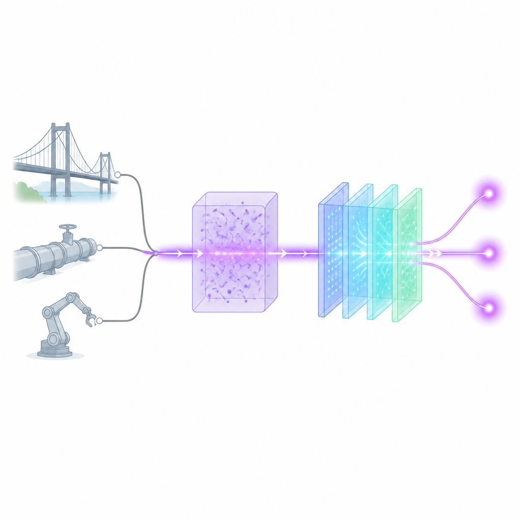 Figure 1. Come la luce all'interno delle fibre può rilevare e computare variazioni nelle strutture senza lenti elettroniche lente