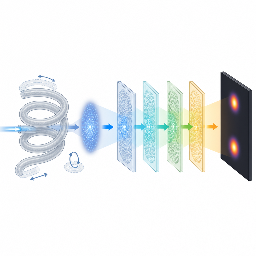 Figure 2. Come minuscole variazioni in una fibra diventano pattern di speckle che una rete ottica trasforma in segnali luminosi semplici per il rilevamento