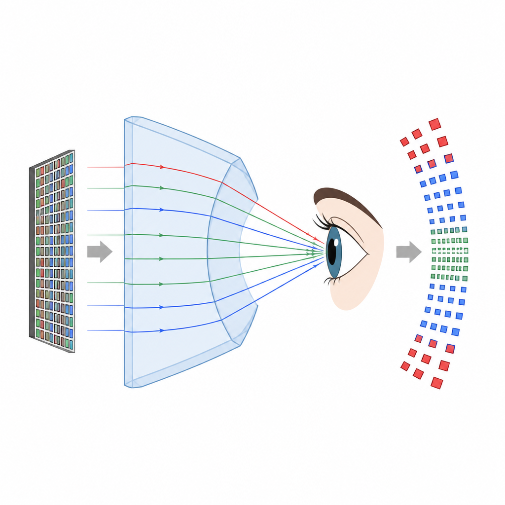 Figure 2. How a shaped glass eyepiece redistributes pixels to give high central detail and lower edge detail from one display panel.
