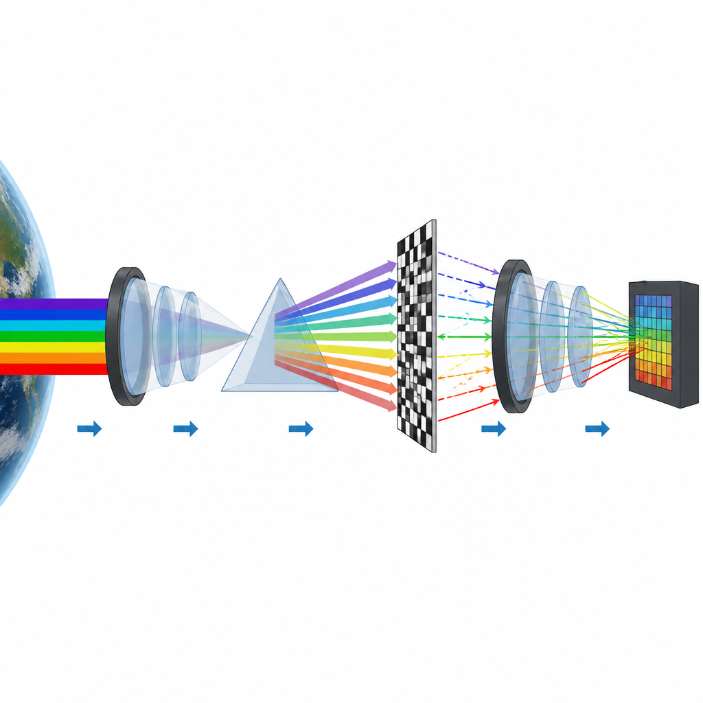 Figure 2. Light from Earth is split, patterned, recombined, and recorded as one coded image that is later unfolded into many color layers.
