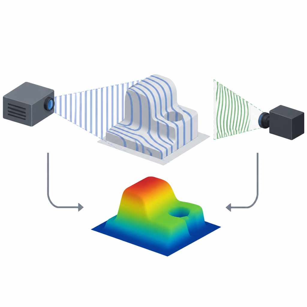 Figure 1. Hoe gestreept licht en een camera samenwerken om de 3D-vorm van een object met hoge precisie vast te leggen