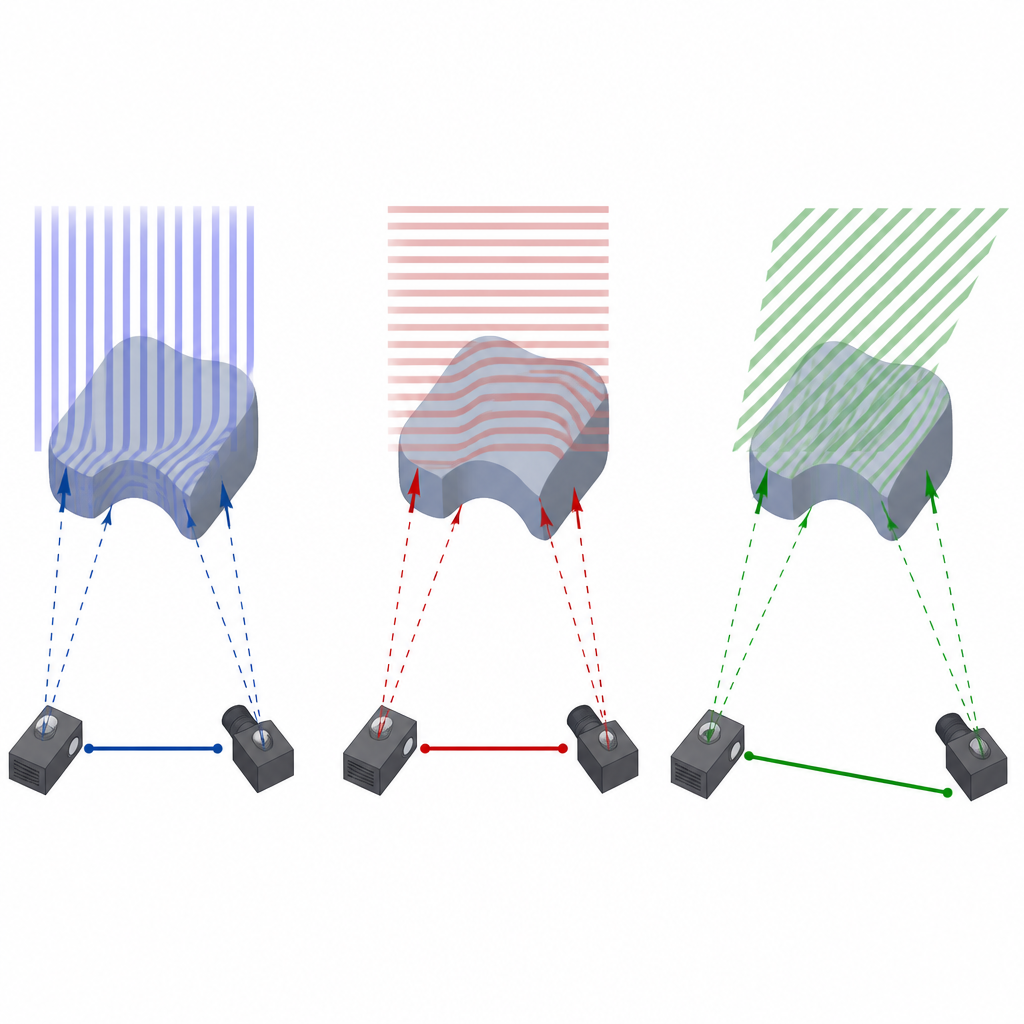 Figure 2. Hoe het veranderen van de strookrichting en de afstand tussen camera en projector de nauwkeurigheid van 3D-metingen beïnvloedt