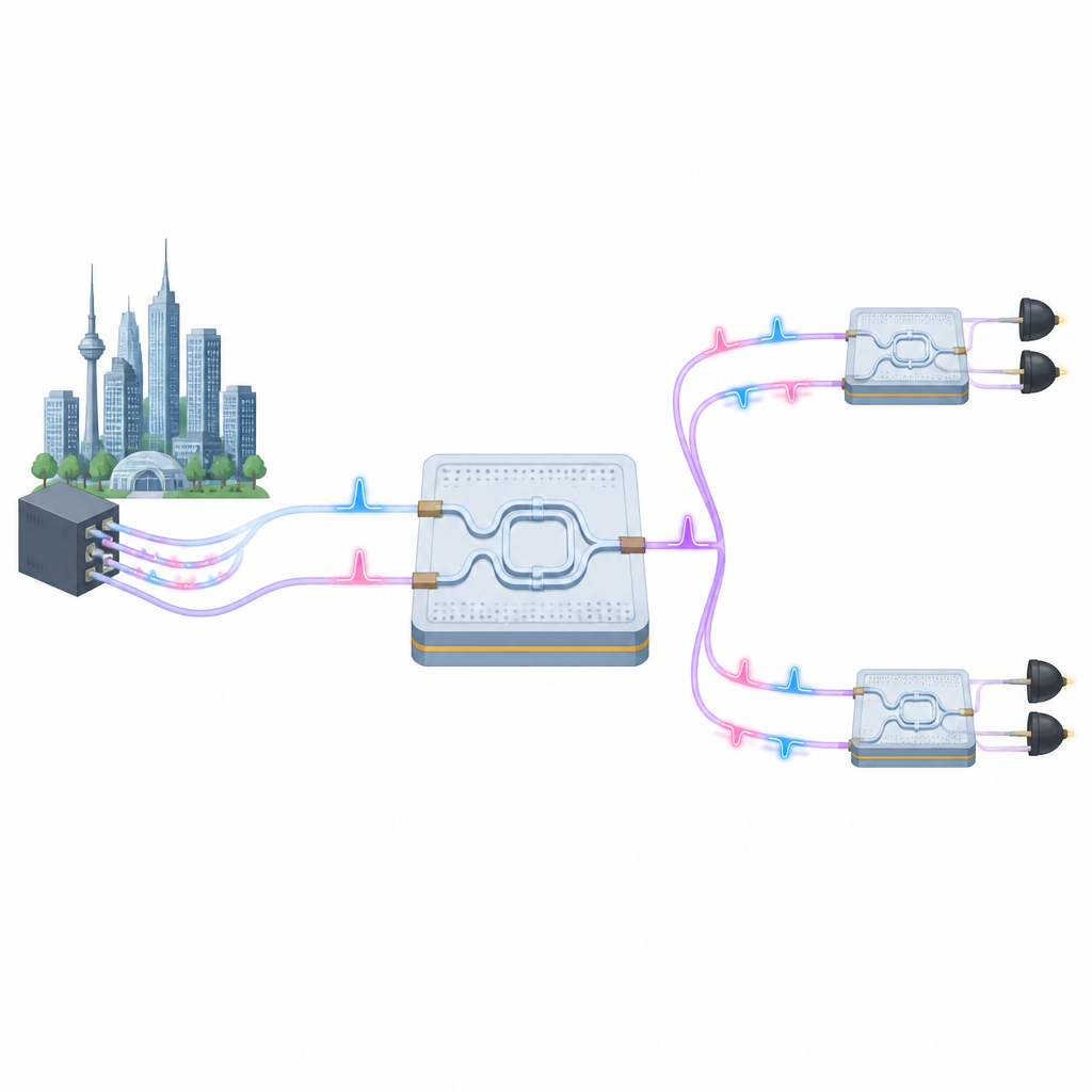 Figure 1. How a tiny lithium niobate chip lets fiber networks share quantum-secure keys using the timing of single light pulses.