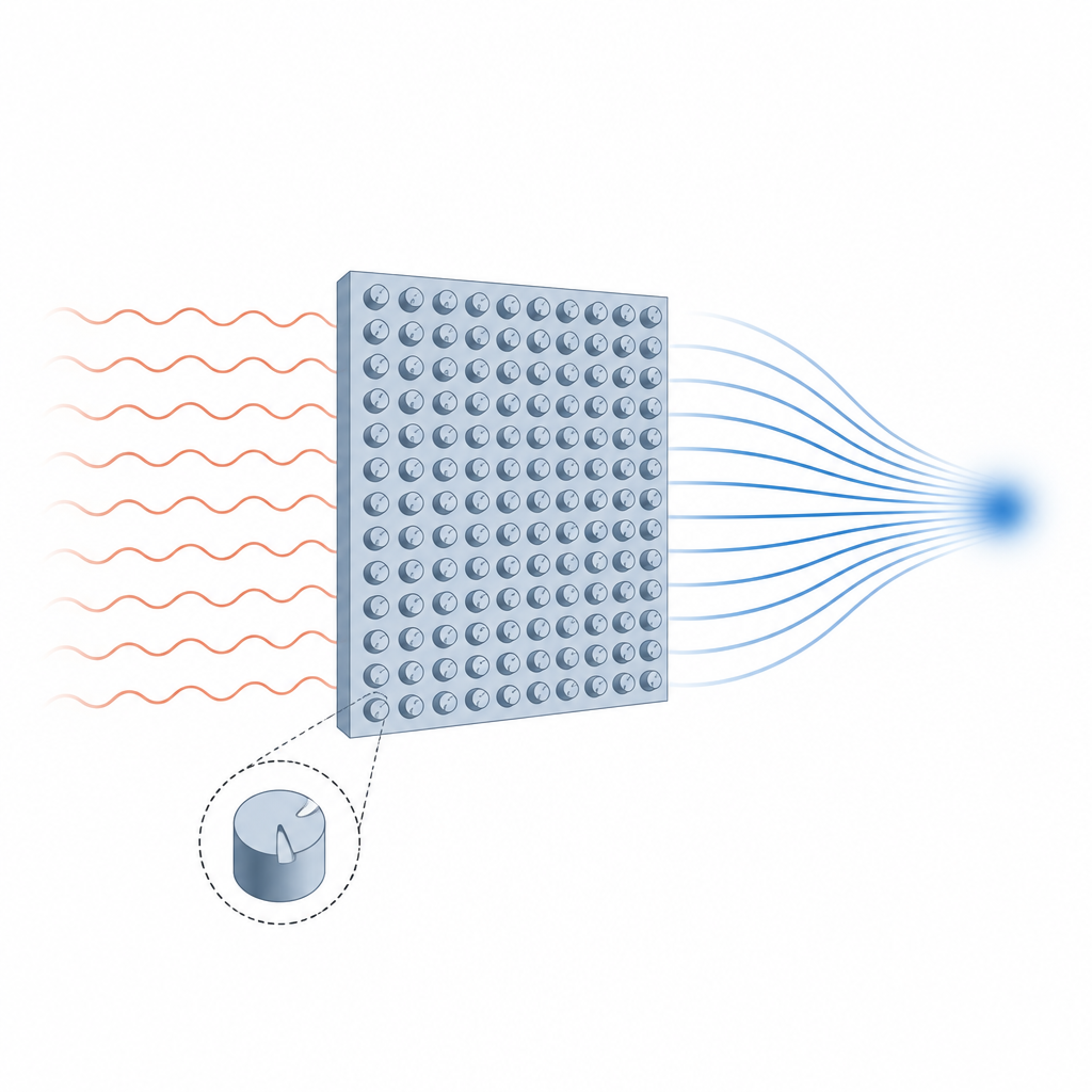 Figure 1. Superficie piatta modellata con piccole scanalature che trasformano la luce entrante in un fascio uscente controllato.