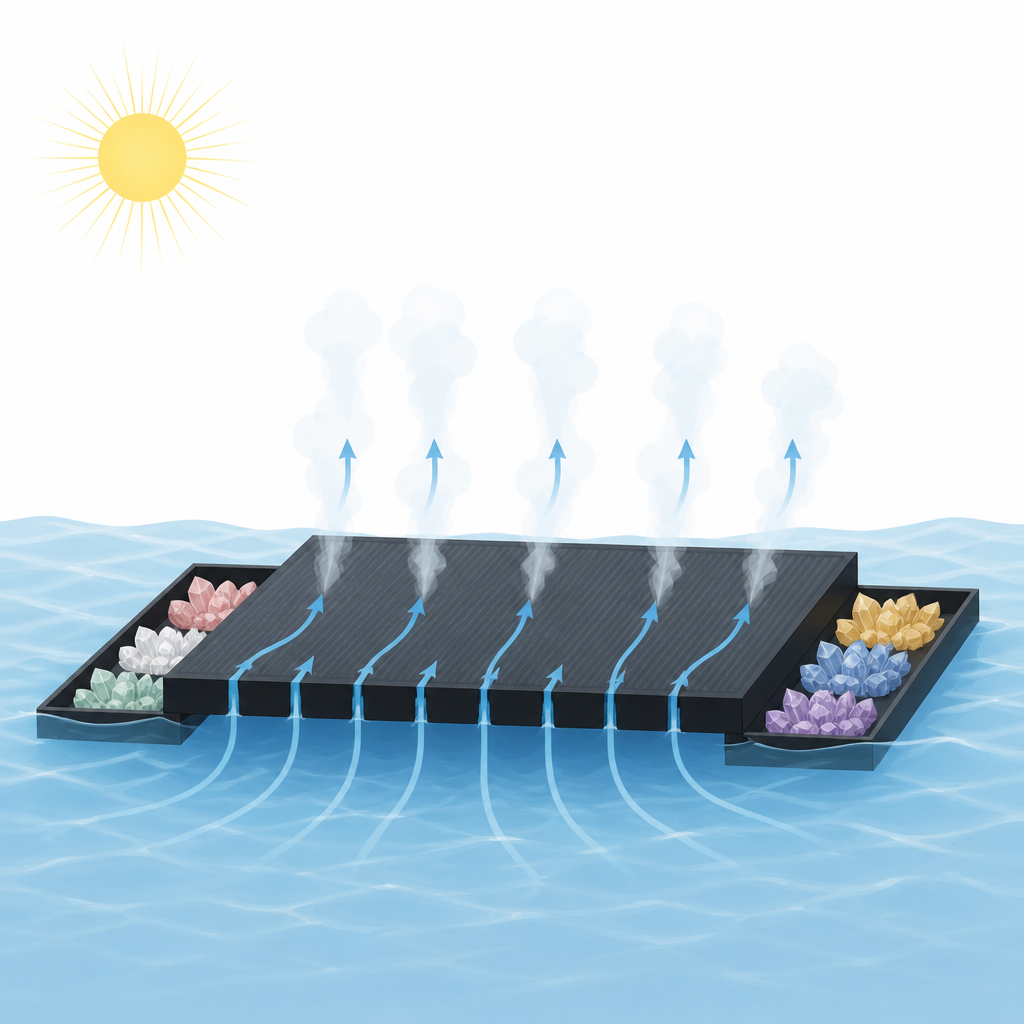 Figure 1. Nasłoneczniony czarny panel metalowy zamienia wodę morską w wodę słodką i stałe sole bez odprowadzania zasolonego odpadu z powrotem do oceanu.