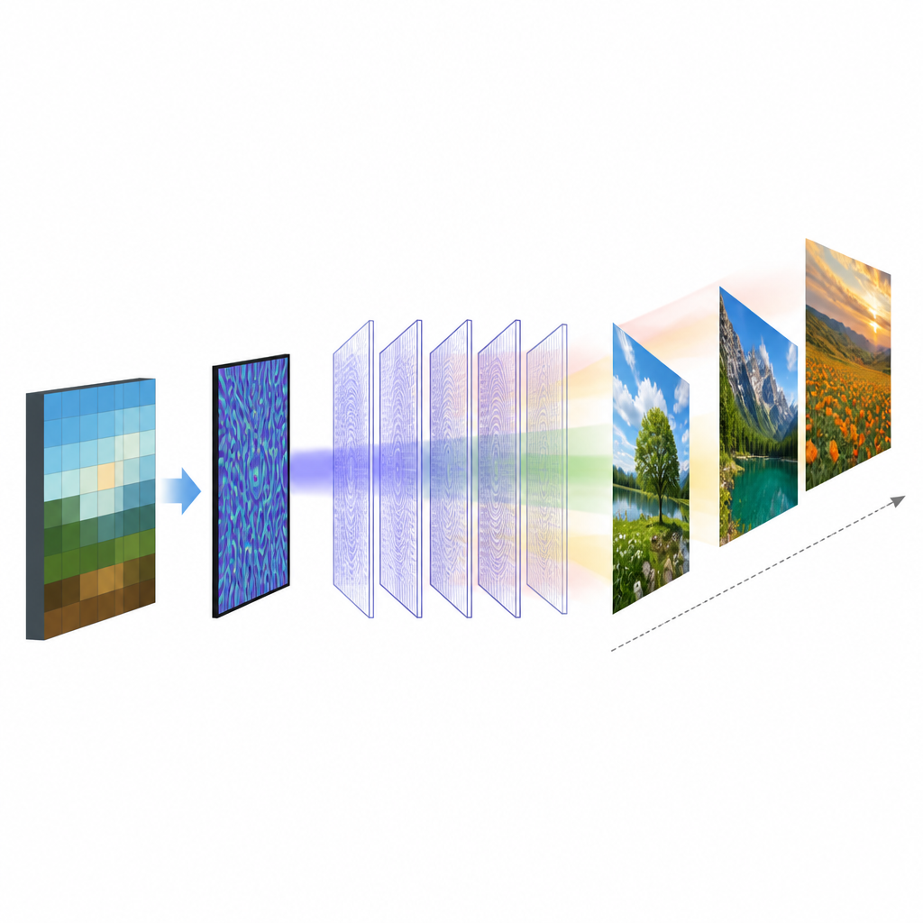 Figure 1. Hybrid digital optical system turns coarse patterns into sharp 3D images over a wide depth range.
