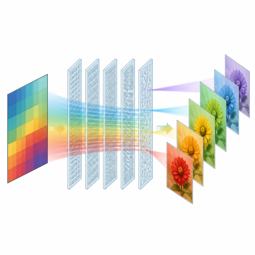 Figure 2. Layered diffractive optics transform low detail phase patterns into sharper images that stay in focus across depth.
