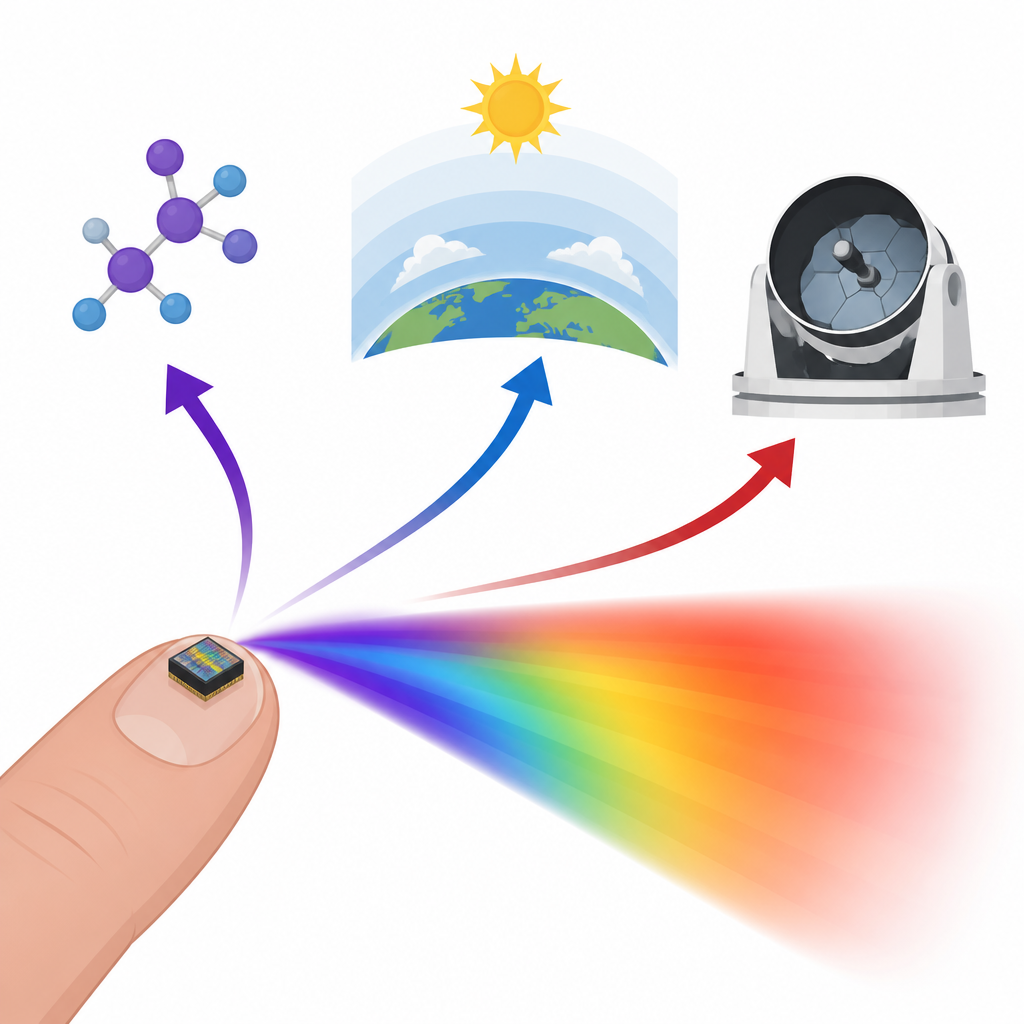 Figure 1. Un chip diminuto convierte un único láser infrarrojo en un amplio arcoíris de luz desde el ultravioleta profundo hasta el infrarrojo medio.