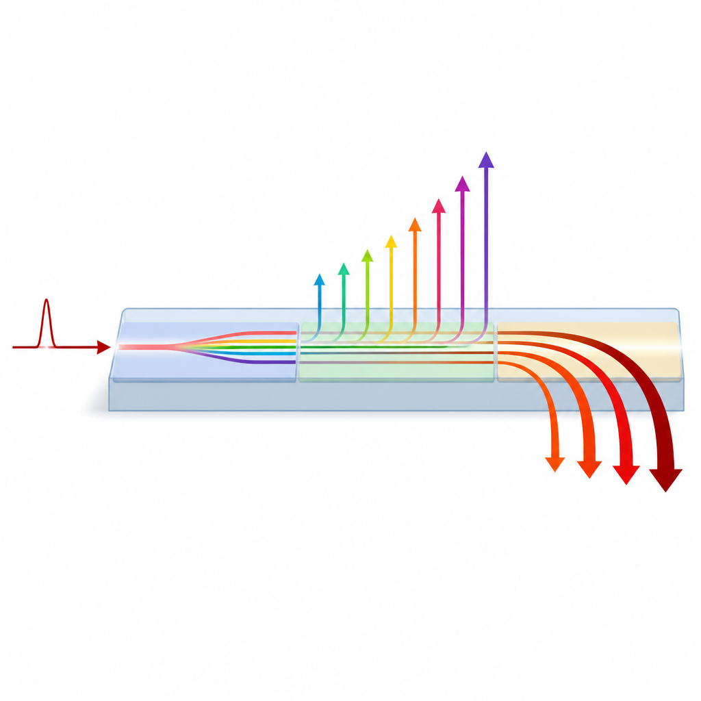 Figure 2. Dentro de una sola guía de onda, la luz infrarroja se transforma paso a paso en colores más cortos en el ultravioleta y más largos en el infrarrojo.
