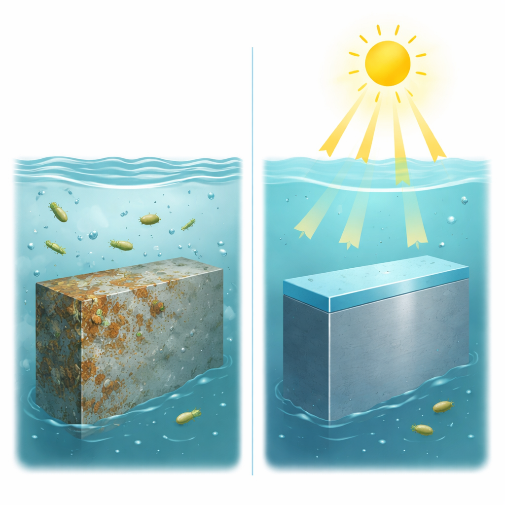 Figure 1. Door zonlicht geactiveerde coating beschermt metaal in zeewater tegelijkertijd tegen roest en schadelijke bacteriën.