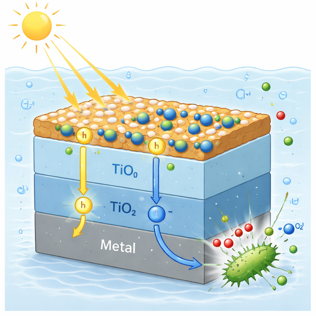 Figure 2. Gelaagde lichtgevoelige film verplaatst ladingen om metaal te beschermen en genereert reactieve deeltjes die nabije bacteriën vernietigen.