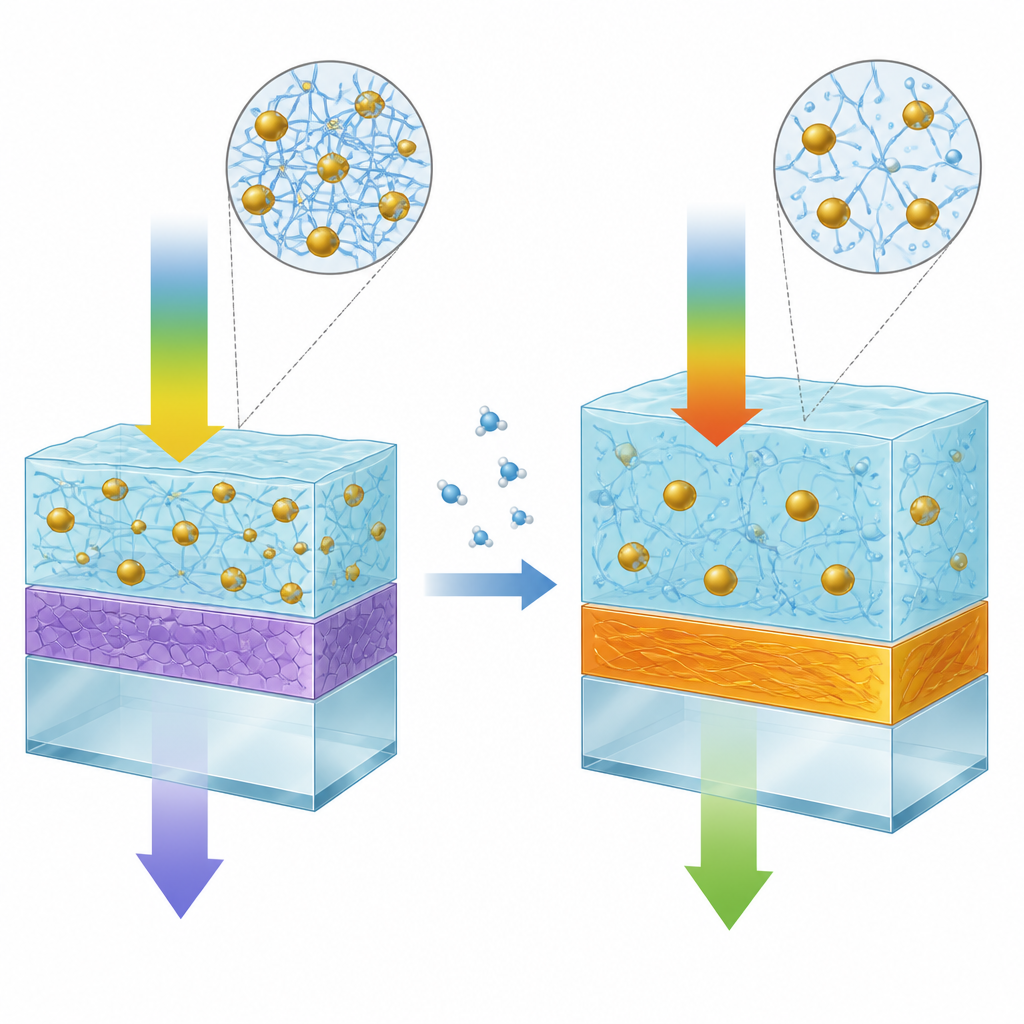 Figure 2. Cross-section of multilayer pixel where humidity-driven gel swelling and film switching jointly tune transmitted color.