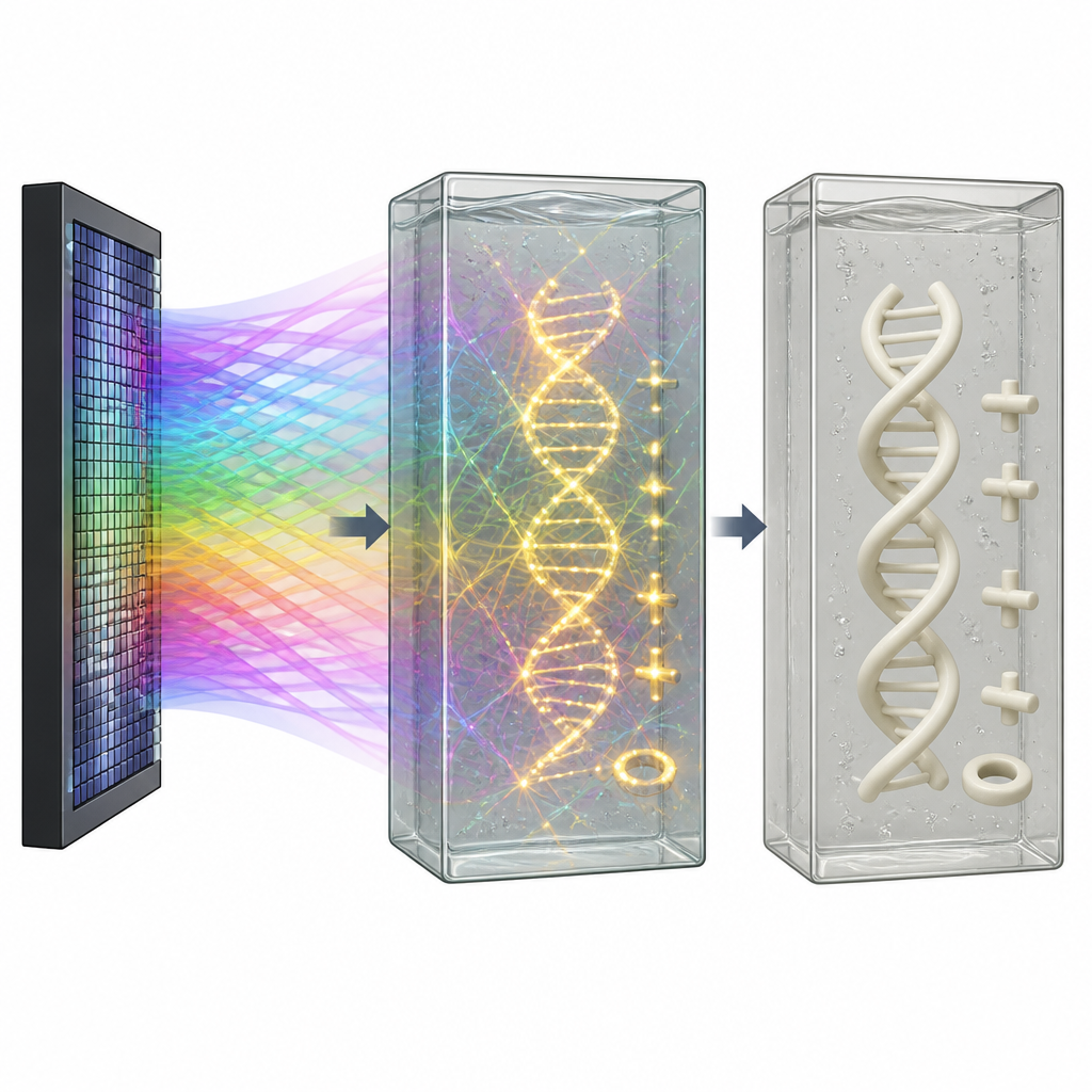 Figure 2. Fasci laser modellati formano dettagli 3D fini e lisci nella resina, da barre microscopiche a strutture più grandi.