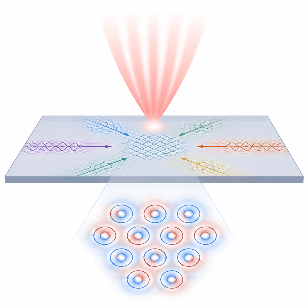 Figure 1. How vibrating crystals guide light into stable whirlpool-like patterns on a tiny chip surface.