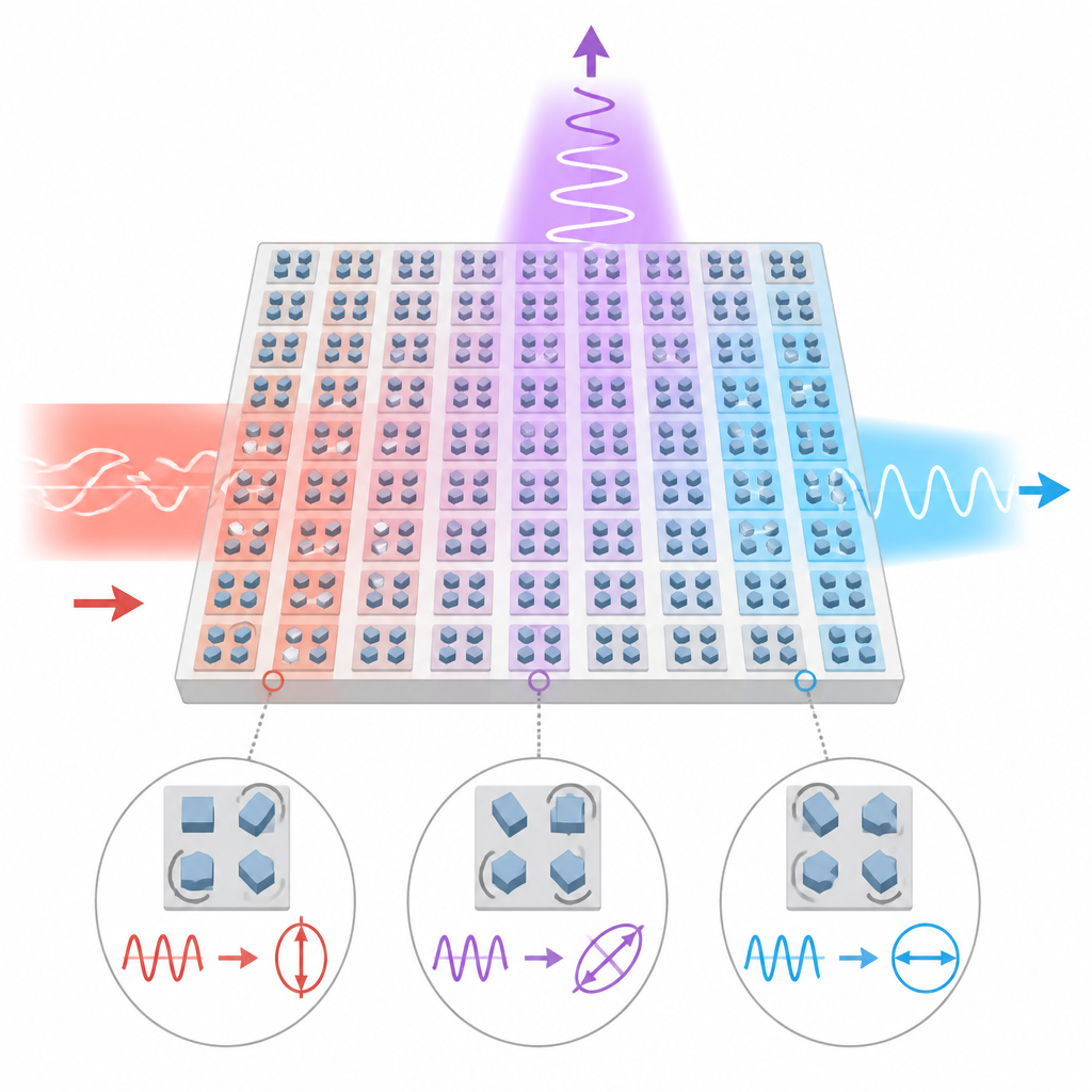 Figure 2. Крошечные повернутые элементы на чипе шаг за шагом преобразуют поверхностную волну в два управляемых световых пучка.