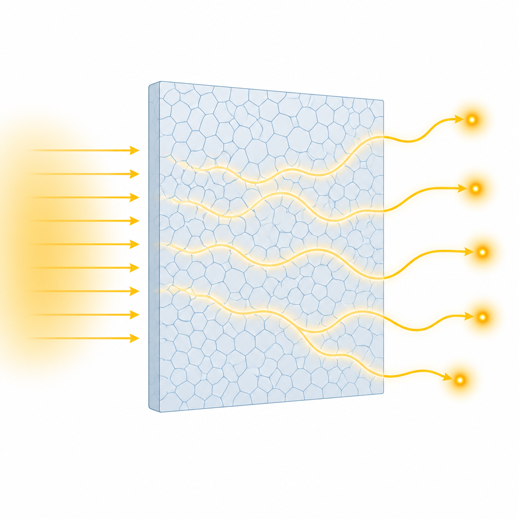 Figure 1. Wie eine sorgfältig gestaltete Form von Unordnung Licht in einer chipähnlichen dünnen Schicht einfangen und lenken kann.