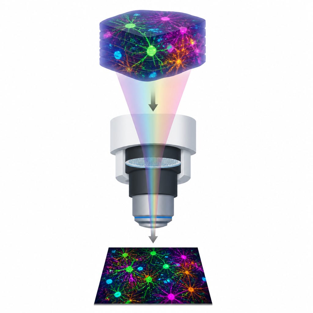 Figure 1. Un microscopio con uno strato sottile speciale trasforma uno scatto in una vista a colori nitida attraverso campioni biologici spessi.