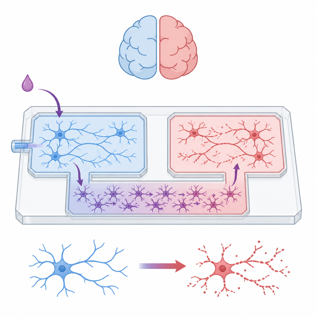 Figure 1. Astrocyten verbinden twee gescheiden neurongroepen op een chip en dragen stress van de ene kant van het netwerk naar de andere.